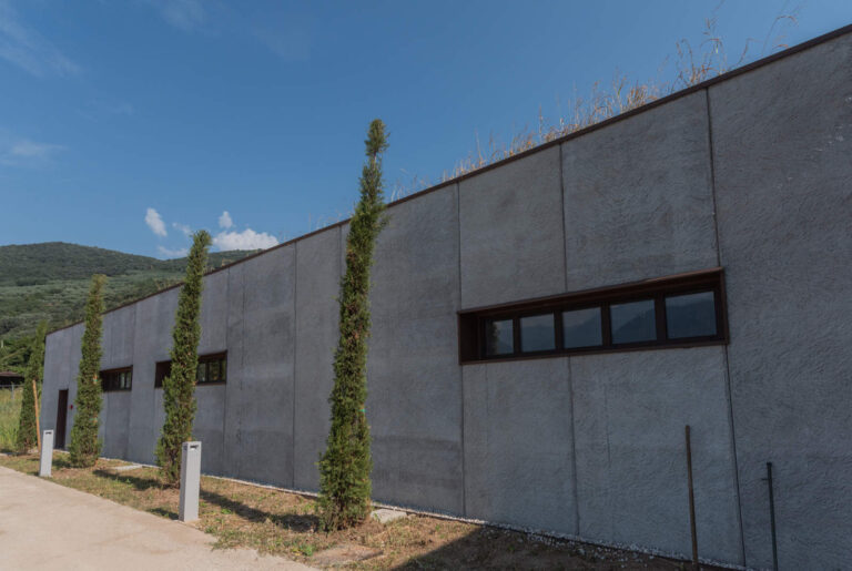 Architettura Contemporanea e Integrazione Paesaggistica: I Nostri Serramenti per il Circolo Tennis di Riva del Garda (TN) Immagine esterna di una moderna struttura a un piano, probabilmente parte del Circolo Tennis Riva del Garda (TN), con facciate in cemento grigio chiaro e una serie di finestre orizzontali strette con infissi marroni scuri. Sul tetto dell'edificio si nota una copertura verde con erba secca. Davanti all'edificio, ci sono quattro alberi di cipresso disposti a intervalli regolari lungo un vialetto pavimentato. Lo sfondo mostra una collina verde sotto un cielo azzurro con poche nuvole.