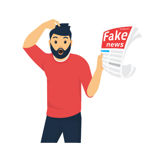 fumetto di una persona che tiene in mano un giornale con scritto fake news probauen